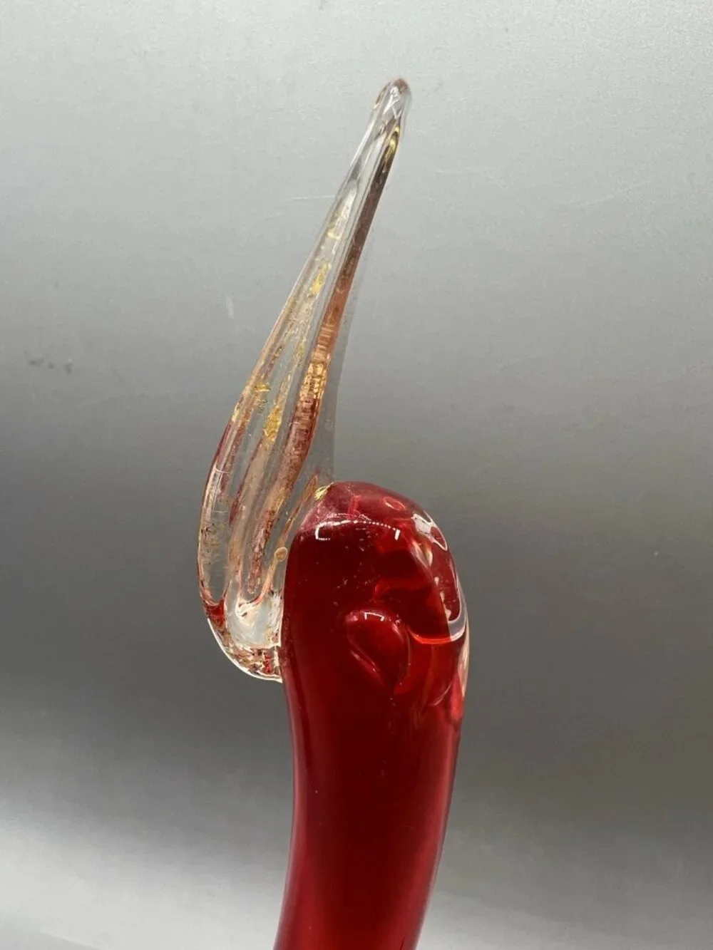 Murano Red Orange Glass Swan w/ Gold Bill Vtg Figurine 9.5 in Long Necked Italy